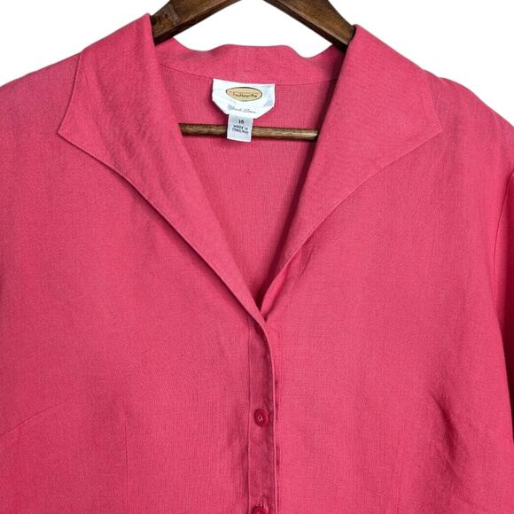 Talbots Irish Linen Button Front Top 16 Pink 3/4 Sleeve V Neck Collared - Picture 2 of 8
